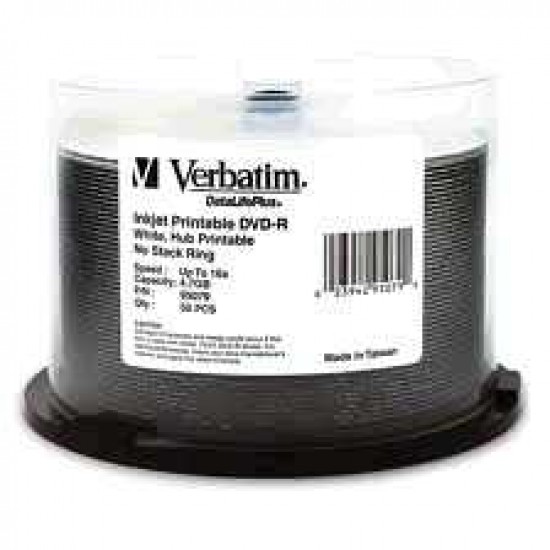 Verbatim DVD-R 4.7GB 16X DataLifePlus, White Inkjet Printable, Hub Printable 50pk Spindle