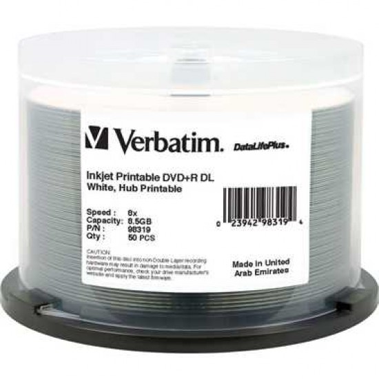 VERBATIM  DVD+R DUAL LAYER 8.5GB 8X HUB PRINTABLE -50PK