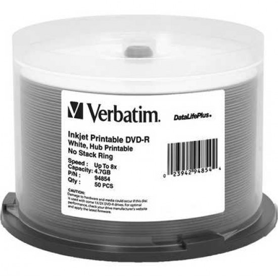 VERBATIM DVD-R 4.7GB 8X WHITE INJET PRINTABLE 50PK.