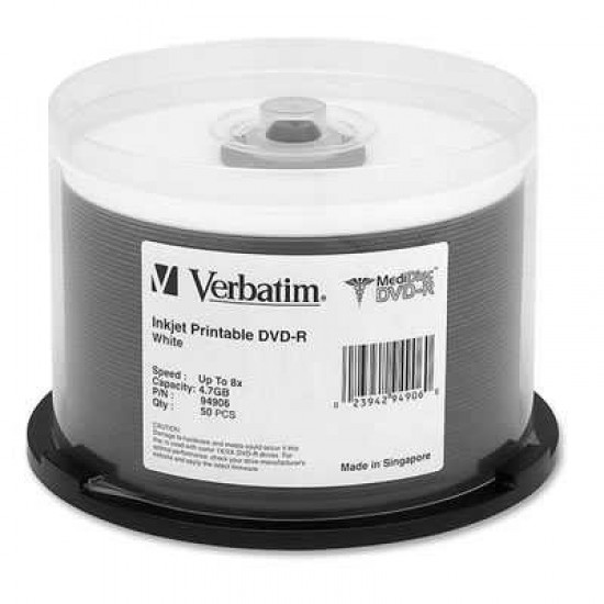 VERTBATIM DVD-R 4.7GB 16X WHITE INKJET PRINTABLE -50PK