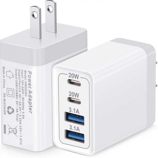 40W - 4PORT FAST CHARGING  WALL PLUG BLOCK WITH  TWO USBC PORTS AND TWO USB 3.1 A PORTS FOR iPHONES/ SAMSUNG/TABLETS