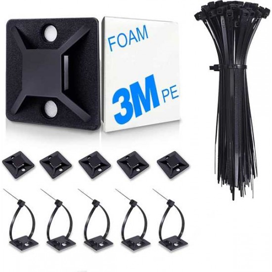 HUASAI 4.5INCH 100PK ZIP TIES/SELF ADHESIVE -BACKED CABLE MOUNT CLIPS -BLACK