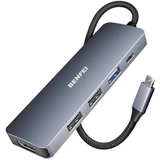 BENFEI 5in1 USB C Hub with 4K HDMI, 3 USB-A, 100W Power Delivery, Silicone and Woven Design Cable, Aluminum Case Compatible with MacBook Pro/Air, iPad Pro, iMac, iPhone 15 Pro/Pro Max, XPS, Thinkpad