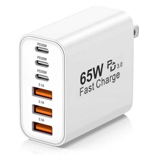 USBC CHARGER BLACK - 65W - FAST CHARGING -MULTIPLE USB PORTS -3 USB C AND 3 USB A