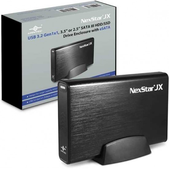 Vantec NexStar JX, USB 3.2 Gen1x1, 3.5" or 2.5 inch SATA III HDD/SSD Drive Green Enclosure with eSATA (NST-358SU3-BK), Black